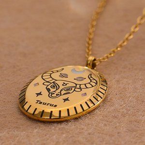 TAURUS--NEW 18K Gold Plated PISCES Sign Zodiac Oval Pendant Necklace